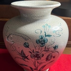 Vintage-Cream Vase with Teal Flowers and Leave--Hand Made